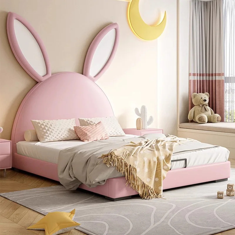 Cama de cuero de madera maciza para niños y niñas, cama con orejas de conejo, Princesa de dibujos animados, color rosa, novedad