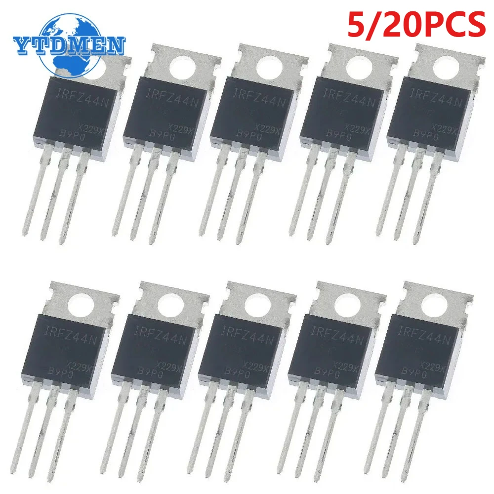 5/20 piezas IRFZ44N Mosfet IRFZ44 Transistor MOSFET de potencia de canal N 49A 55V Kit de transistores TO-220 de 3 pines