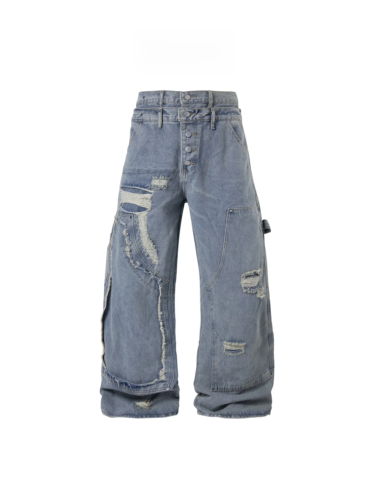 

Freecenter American Style Pin Double Waist Jeans Men Women Loose High Street Washed Denim Pants Straight Leg Knife Jeans