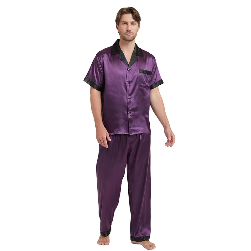TONY AND CANDICE Men's Silk Satin Pajama Set Short Sleeve Loungewear Button Down Sleepwear with Long Pants