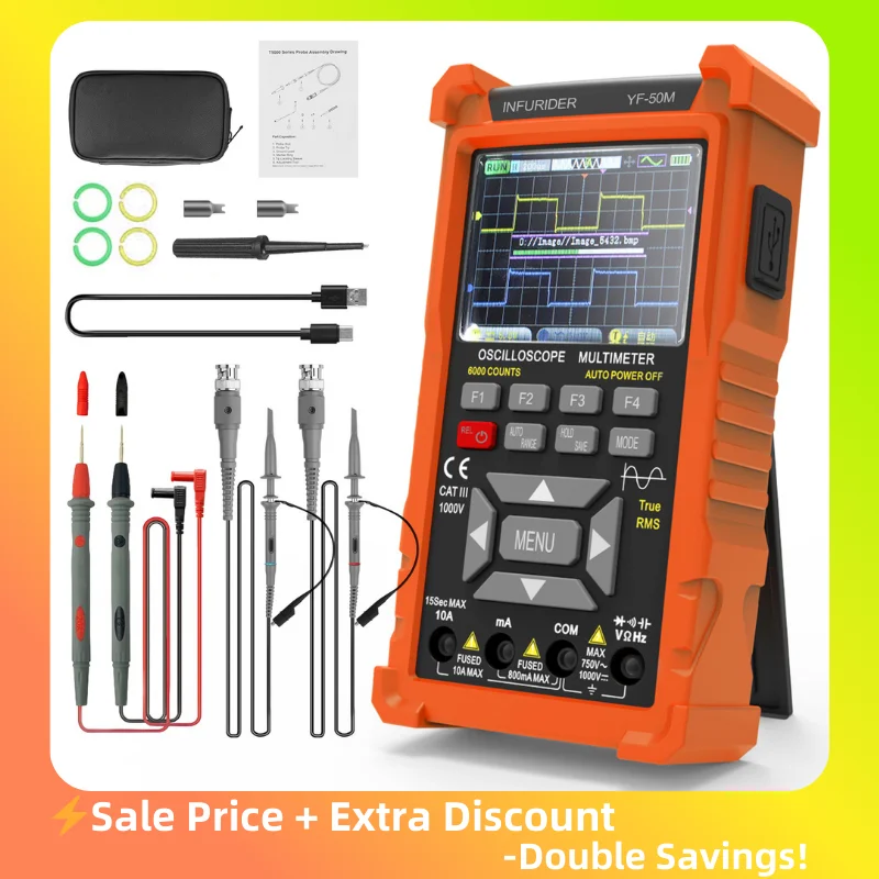 

3 in 1 Oscilloscope Multimeter, Handheld Signal Generator, 50MHz Lab Oscilloscopes with 2 Channel, 200M/280MSa/s, Voltage Tester