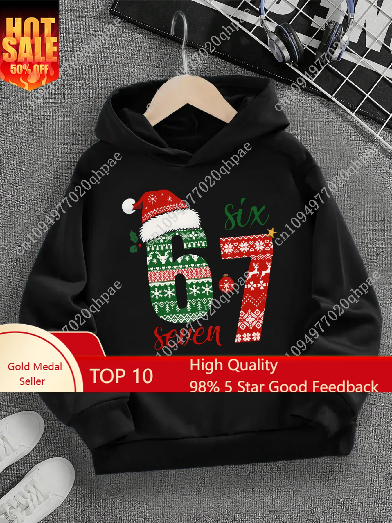 

Весенне-осенняя повседневная модная одежда в рождественском стиле # Черная толстовка с капюшоном для мальчиков 67 Boys, с мультяшным принтом Six Seven, подходит для повседневной носки