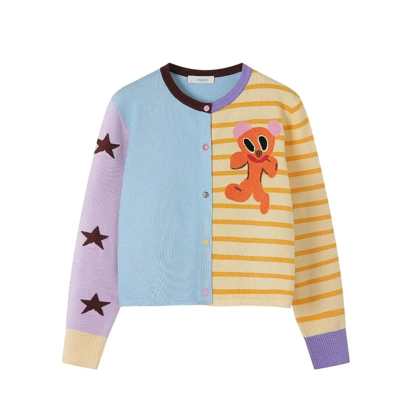 甘い漫画ジャカードカラーブロックストライプニットカーディガン女性の秋ヴィンテージ O ネックフルスリーブセーター女性ニットトップス