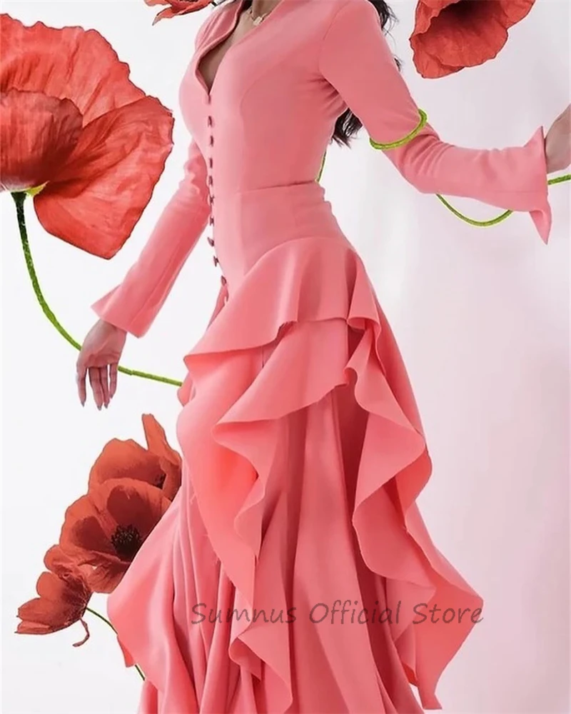 SUMNUS Sexy Pink V Neck Arabia Evening Dresses Button Satin Long Sleeves Dubai Tiered Formal Dress Orange Prom Party Gowns Women