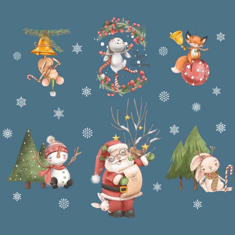 Santa Rabbit Snowman Snowflake Wall Stickers Window Flower Stickers Store Glass Door Decoration Cartoon Cute New Year Stickers