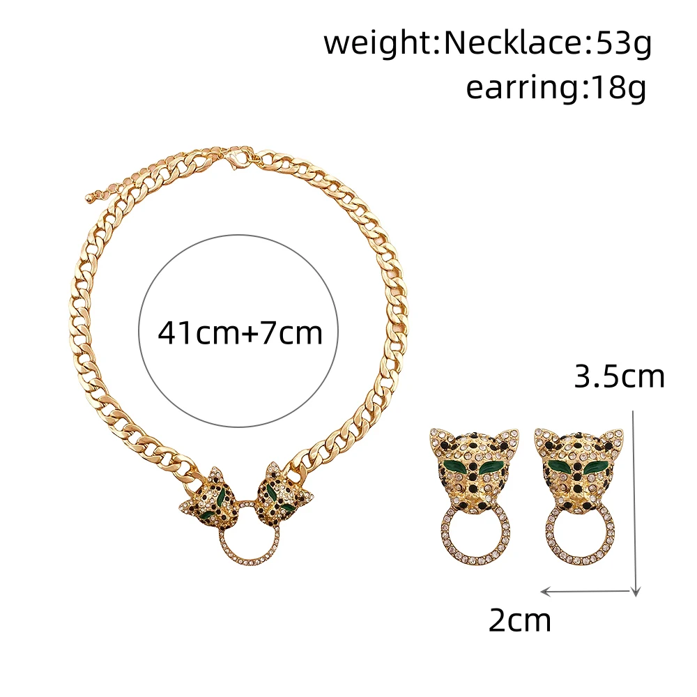 New Fashion Rhinestone Leopard Earring Necklace Jewelry Set for Women Party Punk Vintage Metal Animals Pendant Chains Necklace