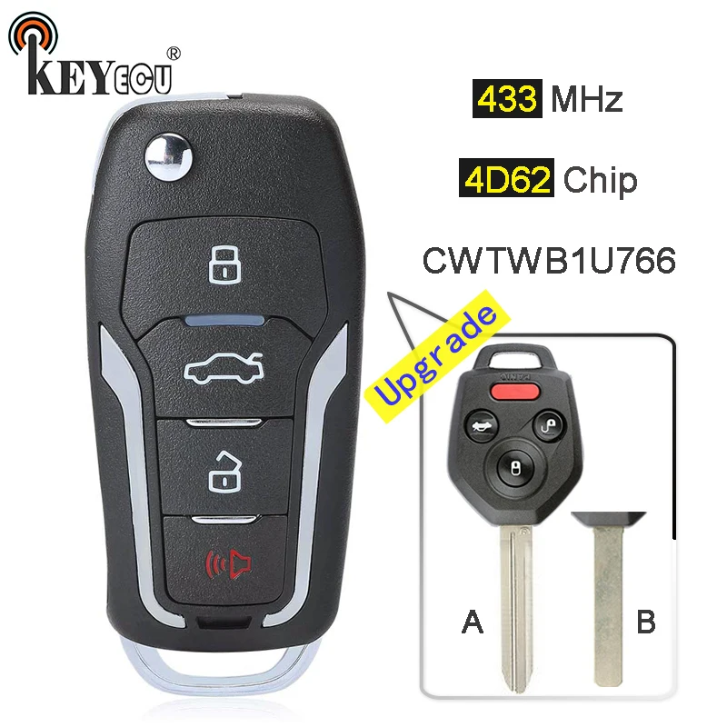 

KEYECU 433MHz 4D62 Chip CWTWB1U766 Upgraded Flip 4 Button Remote Key Fob key for Subaru Legacy Outback Tribeca With Leather case