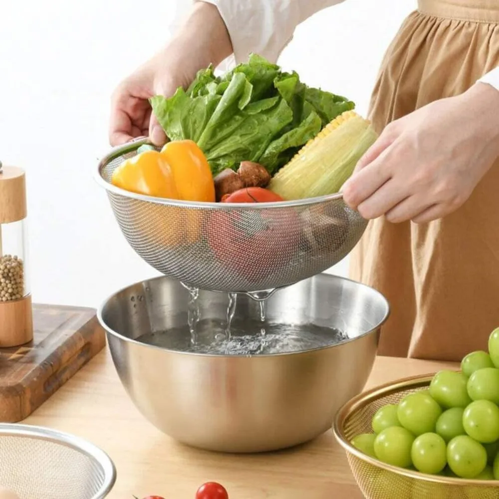 

Wash Vegetables Water Leakage Bowl Food-grade Stainless Steel Colander Household Kitchen Two-piece Set Salad Basin Leakage Basin