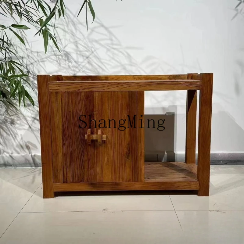 

FG new Chinese solid wood tea cabinet movable double door household boiling water old elm dining side cabinet