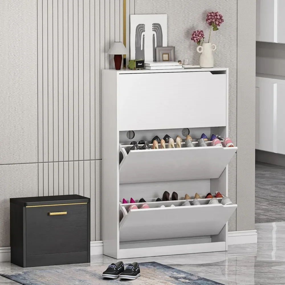 Entrance locker, shoe cabinet locker with 3 clamshell drawers, shoe cabinet in a small space, 3 tiers white shoe cabinet