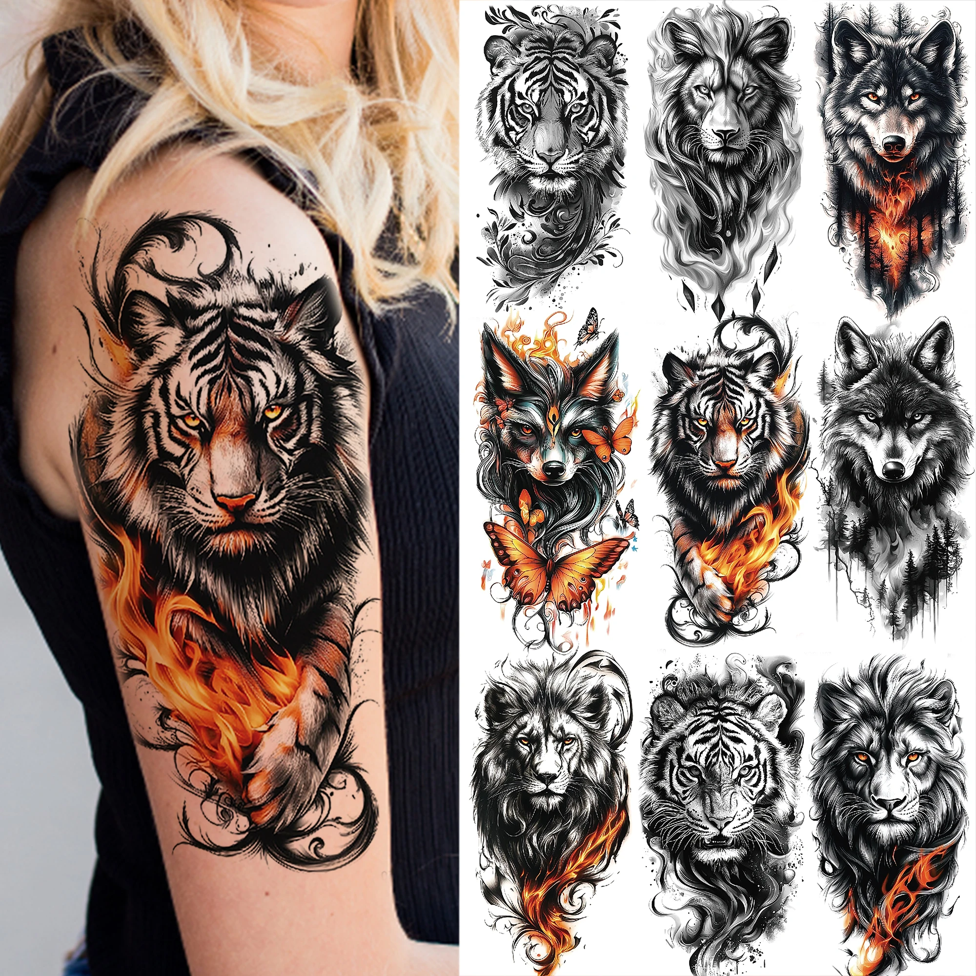 1 Sheet Waterproof Tiger Wolf Lion Temporary Tattoos For Men Women Adults Temp Tattoo Sleeve Fake Animals Monster Tatoo Sticker