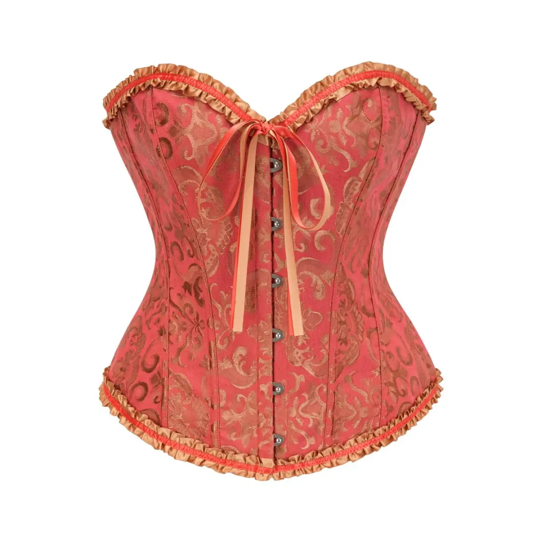 Yellow Dobby Lace-Up Ruffled Trim Overbust Corset Victorian Gothic Style Boned Women's Sexy Bustier Top Vintage Corsage Korsett