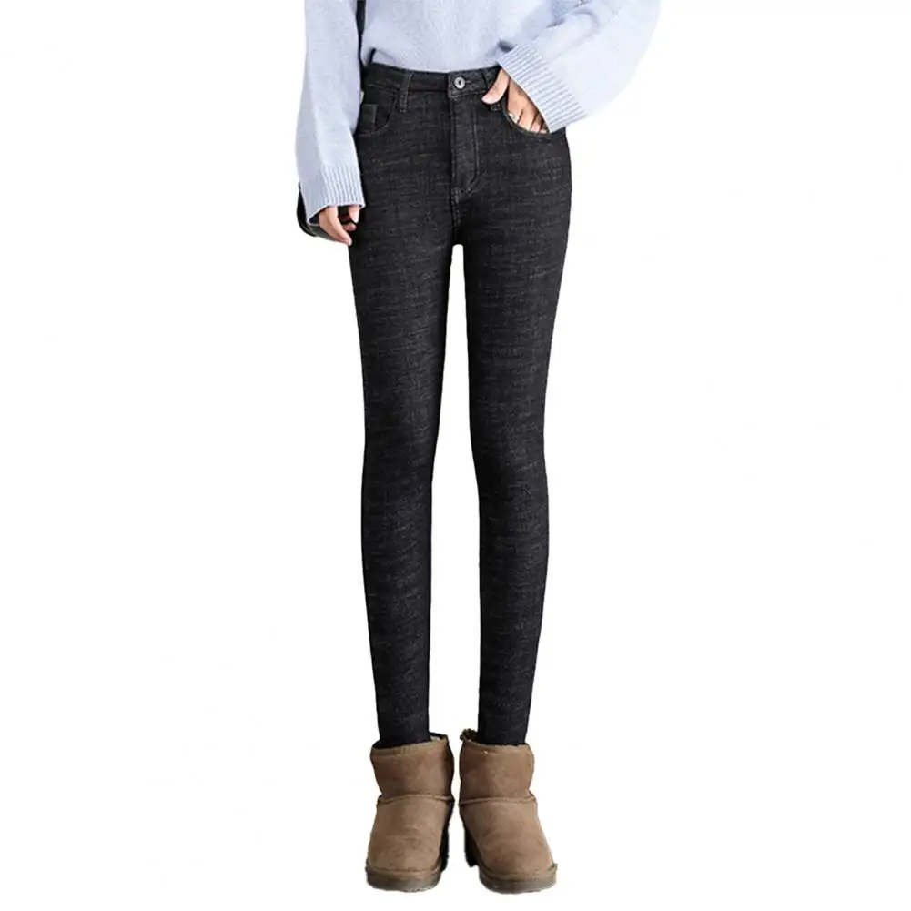 

Women Autumn Jeans High Waist Pockets Design Fleece Lining Pencil Pants Thickened Warm Elastic Trousers