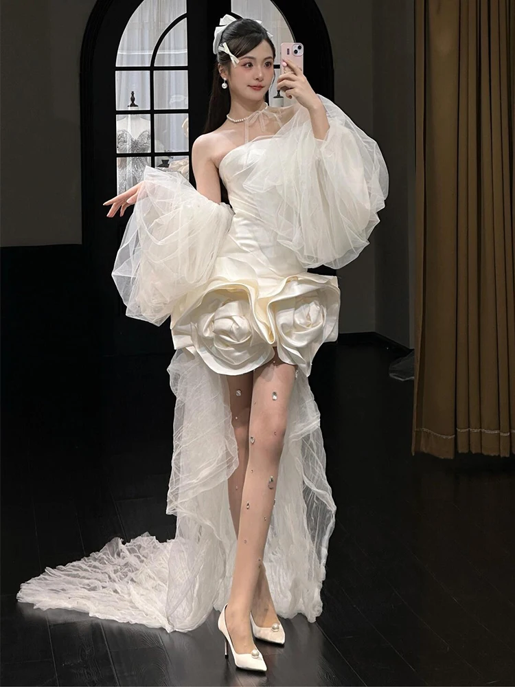 

Bride Morning oot Satin ort Dr Sweet Sle Floral Embroidery mid Waist Skirt Outdoor Lawn Wedding Dr