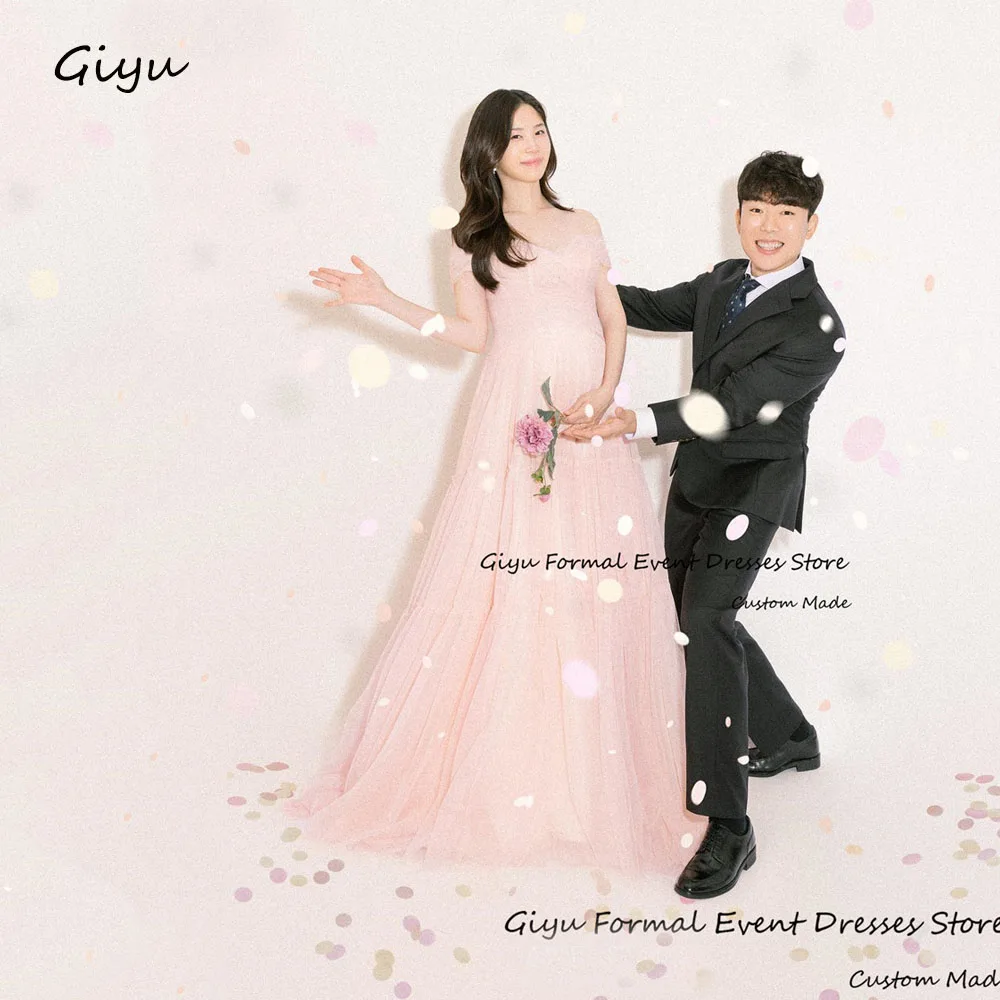 

Giyu Fairy Light Pink Maternity Dress Photoshoot A-line Off the Shoulder Floor-Length Korea Wedding Dress Photo Shoot