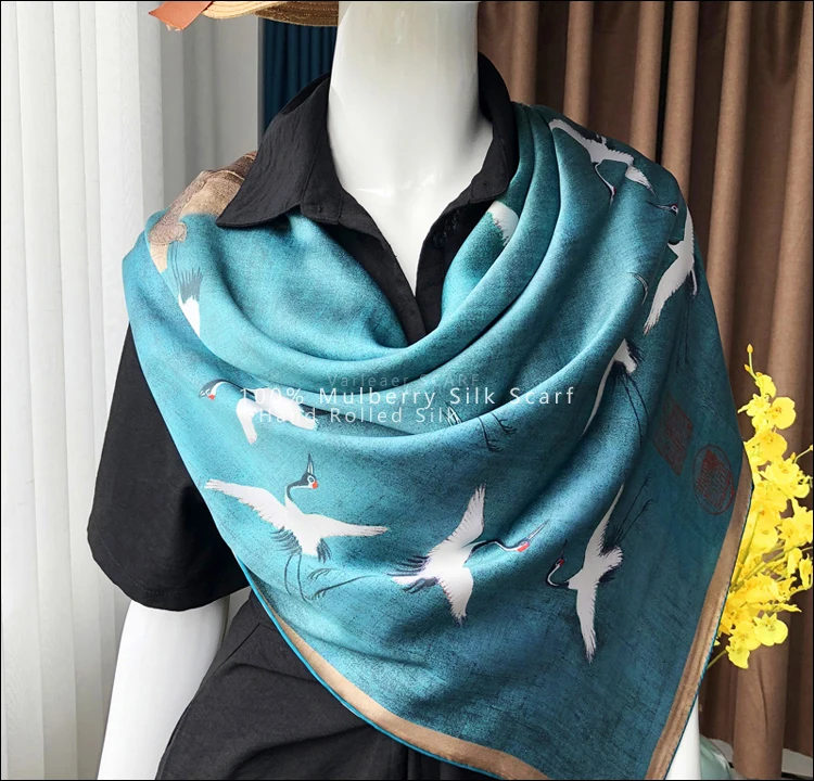 Vintage Pure Mulberry Scarf Wrap Shawls 110*110 Silk Square Scarf Large Hand Rolled Silk Scarf Foulard En Soie 110cm Scarfs