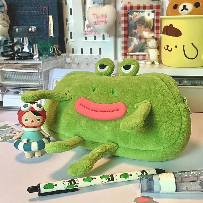 Plush Animal Pencil Case Funny Large Mouth Plush Frog Stationery Storage Pen Bag Soft Cute Ladies Cosmetic Bag For Boys Children