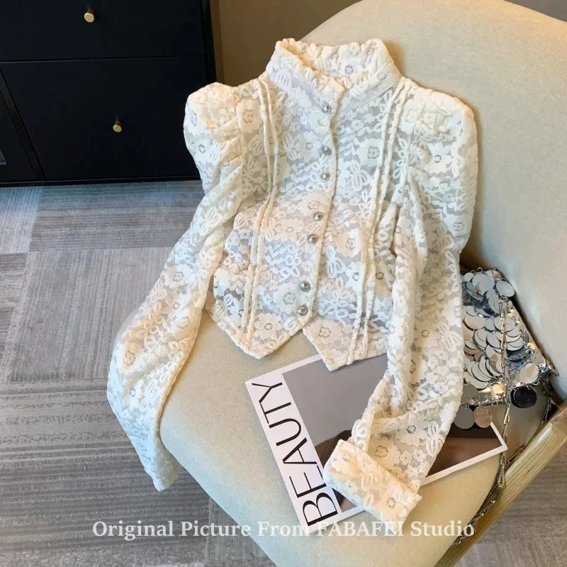 

Женские блузки, рубашки и блузки, кружевная вязанная крючком рубашка с объемными рукавами, женская весенняя блузка с бархатной подкладкой и полувысоким воротником