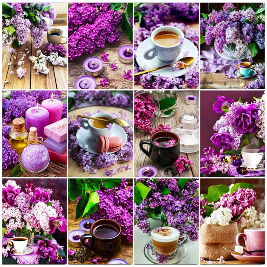 Diamond Embroidery Coffee Scenery Needlework Mosaic Lilac Flower Diamond Painting Cup Full Square Drill Home Decoration