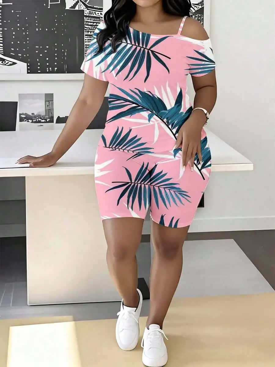 

Plus Size Off Shoulder Short Sleeve Shorts Set Tropical Leaf Print Summer Casual Wear