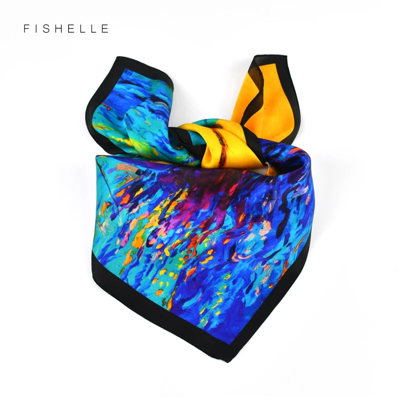 Blue and yellow oil painting natural silk scarves women real silk satin small square 50cm neck scarf thin hijab ladies spring