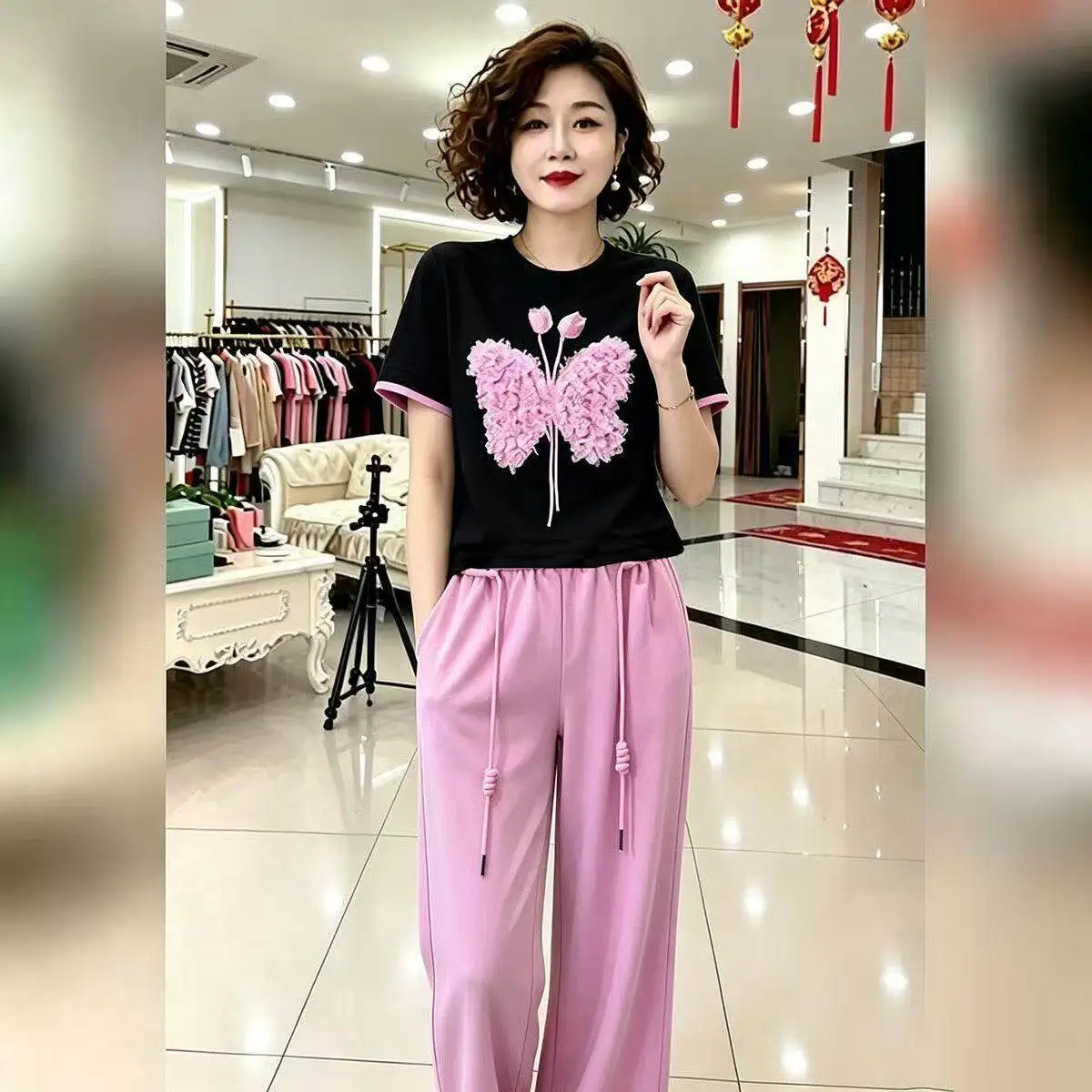  European Style Women's Summer 2026 New High Waist Wide Leg Pants Short Sleeve Two-Piece Set Slimming Effect