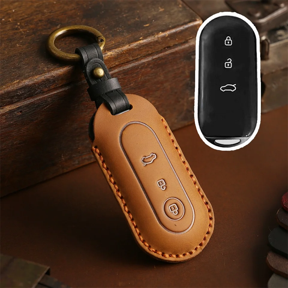 Leather Car Smart Key Case Cover for Aito M5 M7 2022 3 Buttons Remote Protection Shell Keychain Auto Accessories