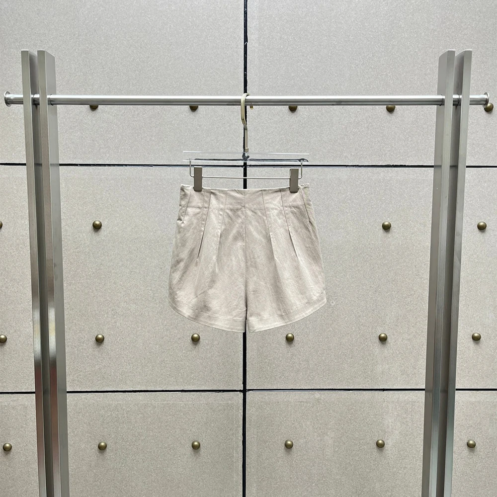 Women Cotton Blend Pleated High Waist Shorts Basic Slimming Short Trousers Elegant Streetwear Office Casual Bottoms Ladies Short