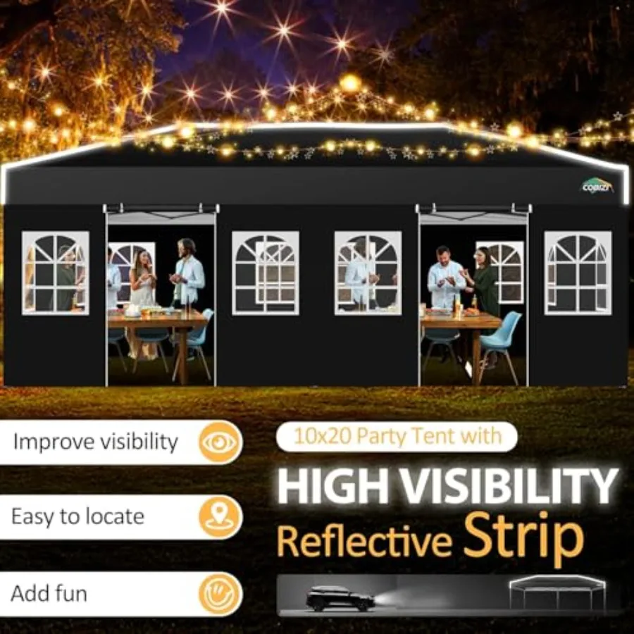 Outdoor event shelter with waterproof UPF 50+ polyester canopy, gray color, one-push setup, includes 6 sidewalls, air vent, san view 5