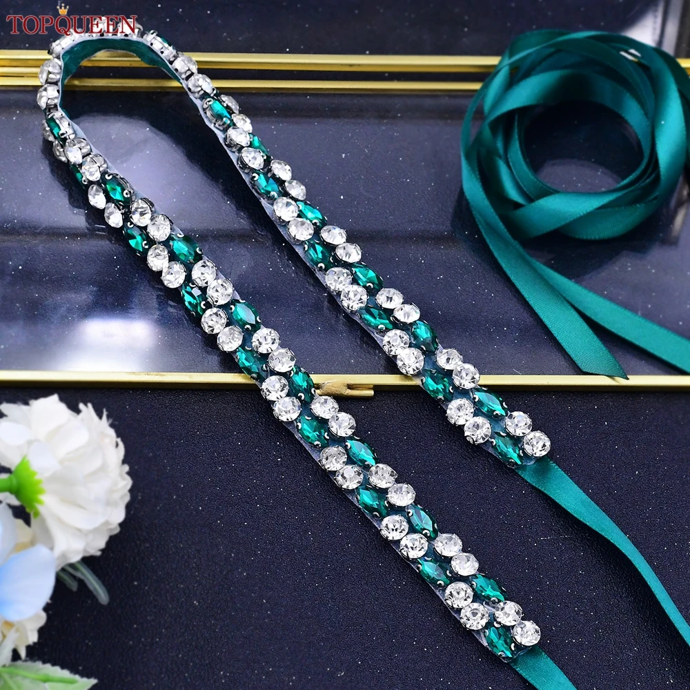 TOPQUEEN S07 Emerald Green Women Jewel Belt Bridal Wedding Dress Rhinestone Sash Ladies Evening Party Gown Waistband Appliques