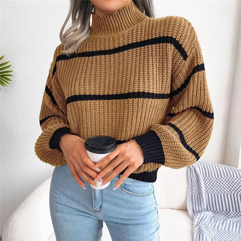 HELIAR Women Striped Knit Loose Sweaters Lantern Long Sleeve Mock Neck Warm Pullovers Casual Streetwear Sweaters Autumn Winter