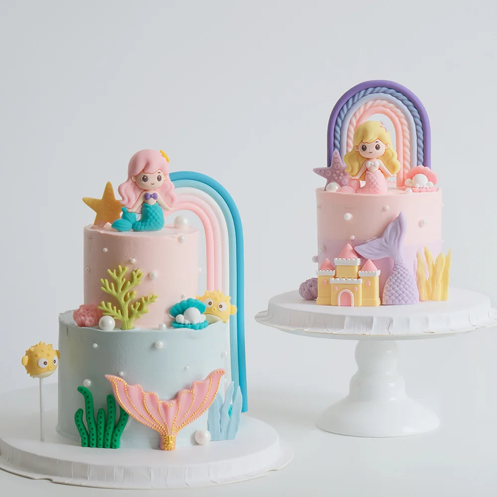 Meerjungfrau Kuchen Topper Regenbogen Schwanz Shell Schloss Tisch Ornamente Prinzessin Mädchen Baby Party Liefert Seestern Auto Kuchen Dekorationen