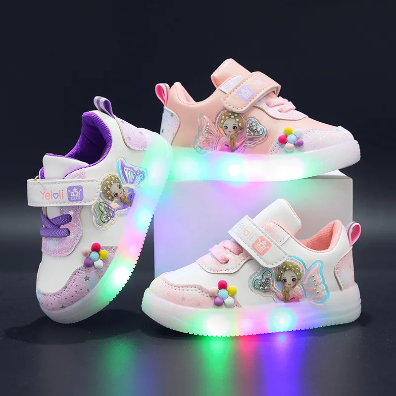 Girls Luminous Sneakers New Princess Children\'s LED Sneakers Little Kids Glowing Light Shoes Children\'s Shiny Light Casual Shoes