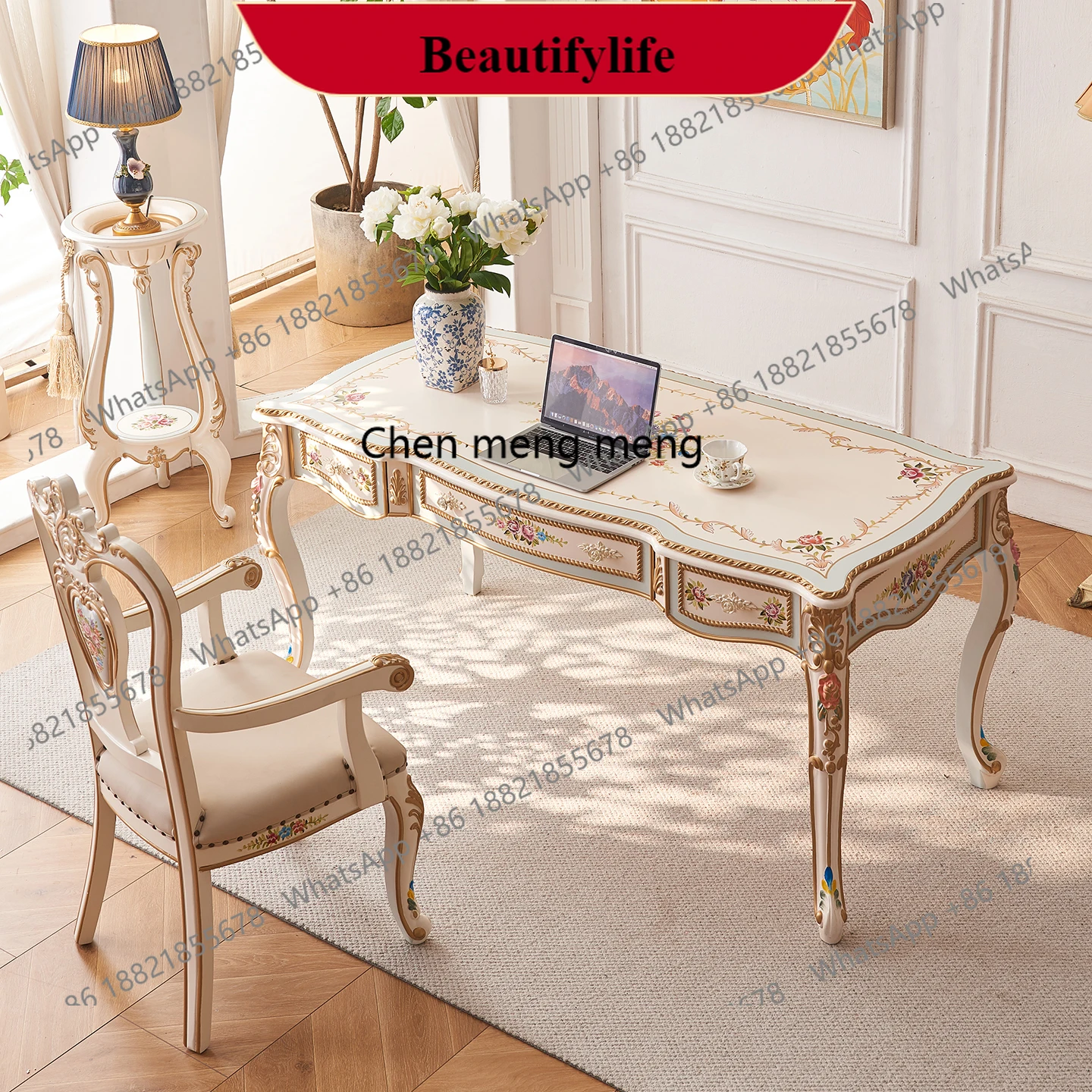 

G153 French court study furniture solid wood hand-painted writing desk European luxury office computer desk