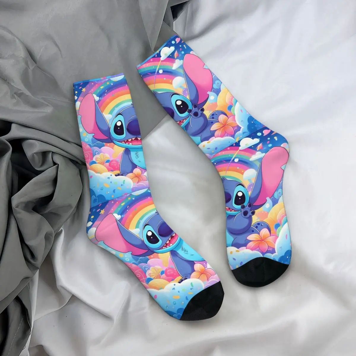 Cute Stitch Rainbow Autumn Winter Casual Women MenSocks Cartoon Sweat Absorbing Soccer Socks