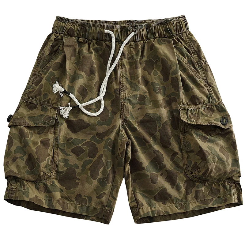 2025 Summer New American Retro Woven Multi-Pocket Camouflage Cargo Shorts Men's 100% Cotton Washed Casual Straight 5-point Pants