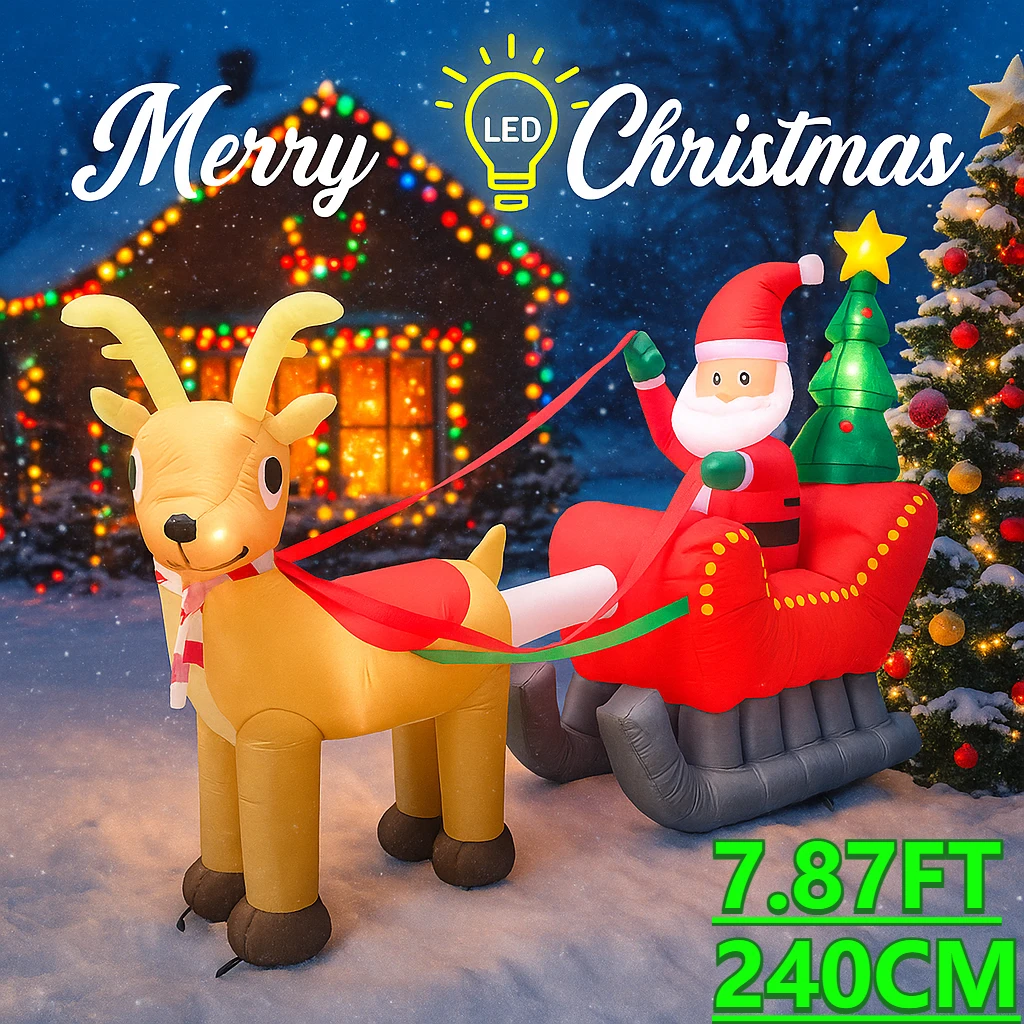 7.87피트 크기의 순록 썰매를 탄 산타클로스 풍선 장난감, 크리스마스 마당 장식, 크리스마스 용품, 장식품, 선물, 가정 장식, LED 포함