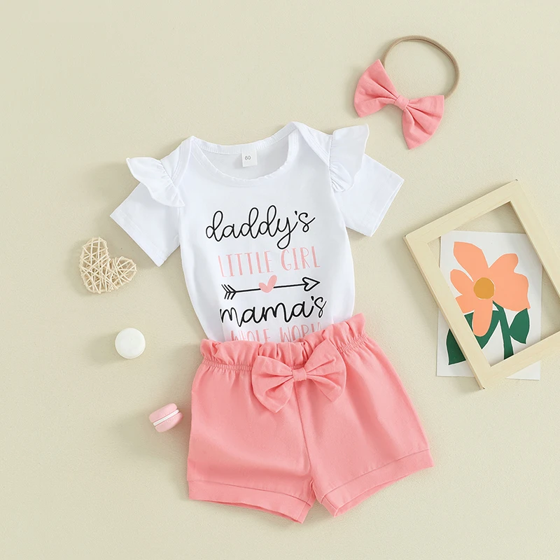 

Baby Girl Summer Outfits Letter Print Short Sleeve Rompers Bowknot Shorts Headband 3Pcs Clothes Set