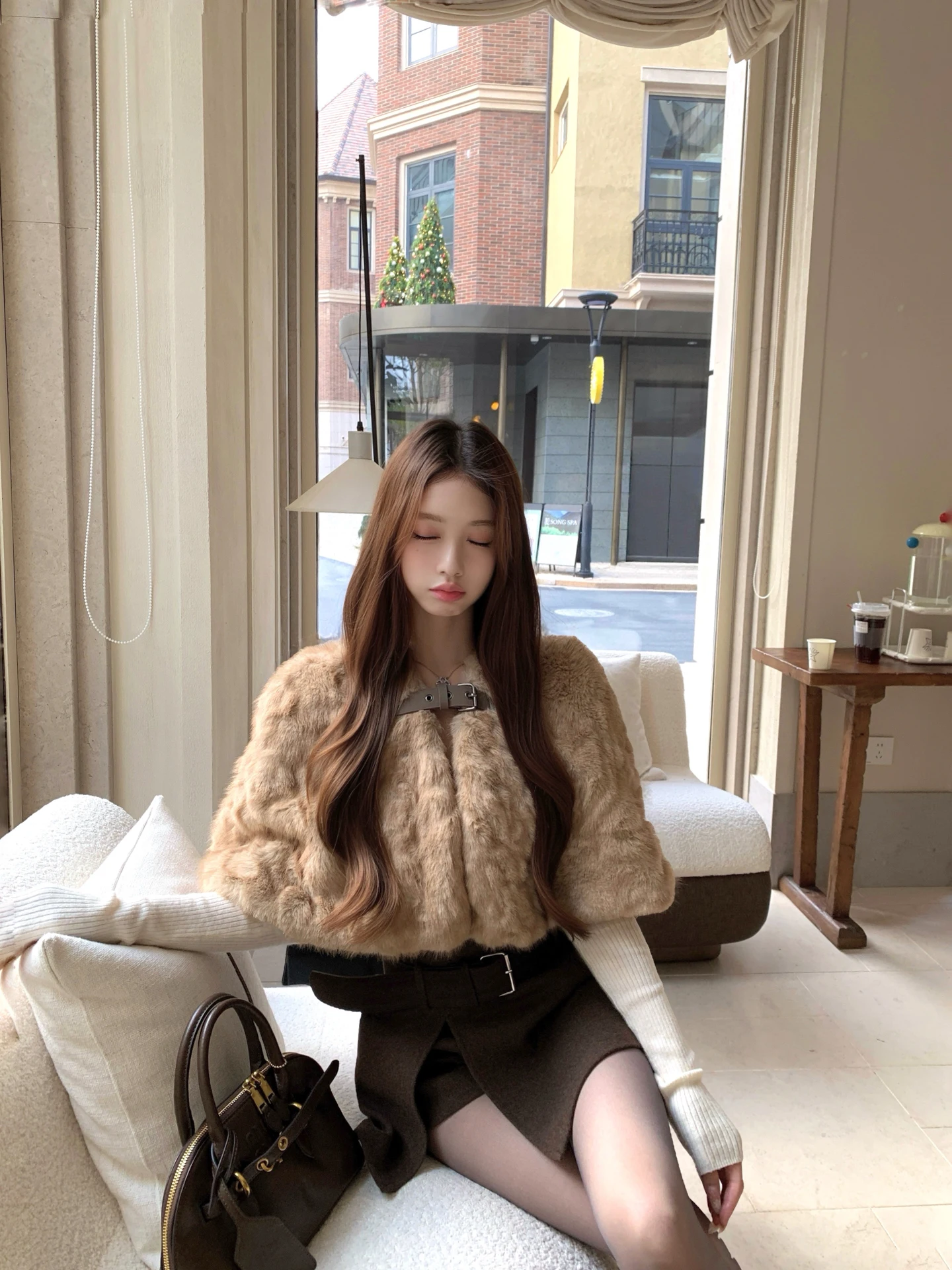 

JUNSTUDIO Parisian Woolen Skirt with Slit High Waist A-Line Design Belt Anti-Lightening Brued Fabric Casual Wear