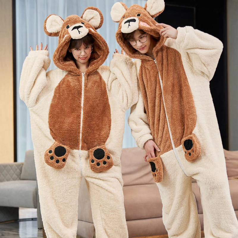 Winter Adult Kigurumis Bear Onesie Sleepwear Women Men Coral Fleece Hoodie Pyjama Couples Loungewear Jumpsuits Zipper Pajama