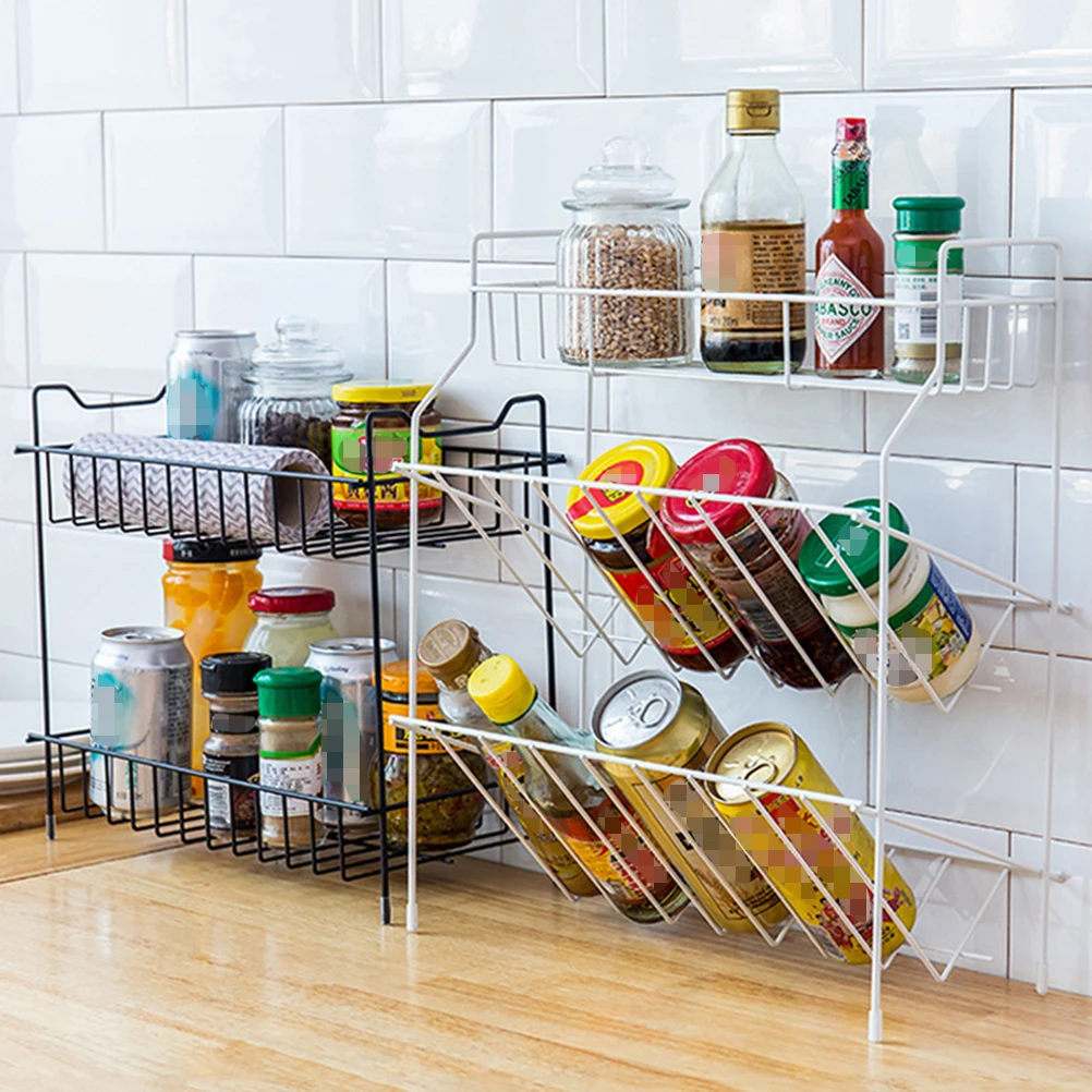 

Iron Kitchen Storage Organizer 2 Layers Seasoning Rack Double Hollow Bottom Shelf