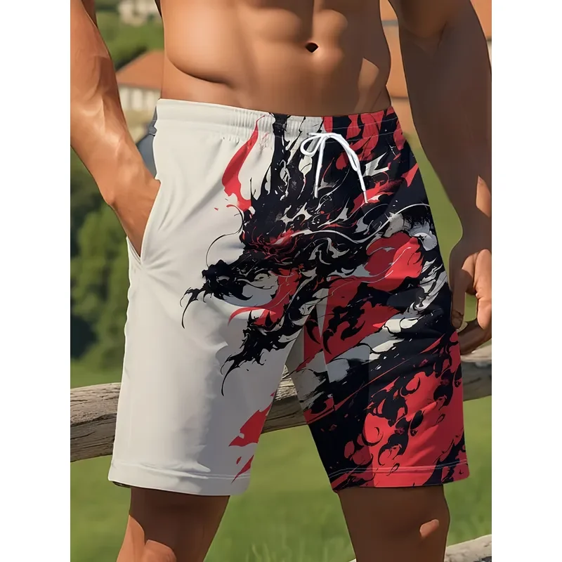 Men's Red Oriental Dragon 3D Printed Beach Shorts Summer Casual Drawstring Woven Polyester Non Stretch Regular Fit Plus Size