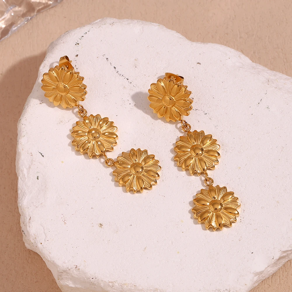 Three Sunflower Drop Earrings Water Resistant Tarnish Free 316L Stainless Steel Jewelry 18K Gold Plated Earrings for Women