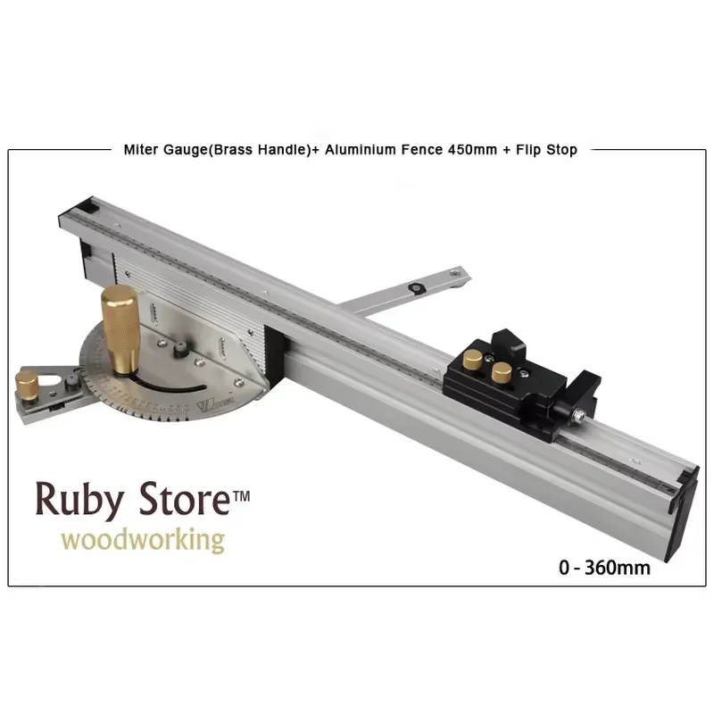 Miter Gauge + Aluminium Fence 450mm/600mm + Flip Stop, Brass/Aluminum Handle for you to choose