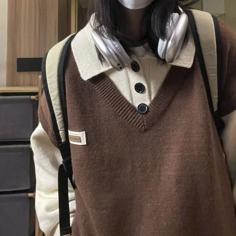 American New POLO Collar Fake Two Piece Knitted Shirt Wearing Loose Pullover Lazy Sweater Women Spring and Autumn Top Clothing