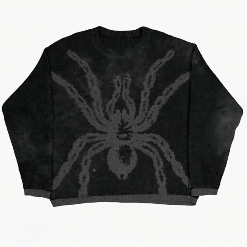 

2024 New Y2K Black Spider Harajuku Retro Knitted Warm Sweater Men's Loose Clothing Hip Hop Pullover Women's Pullover