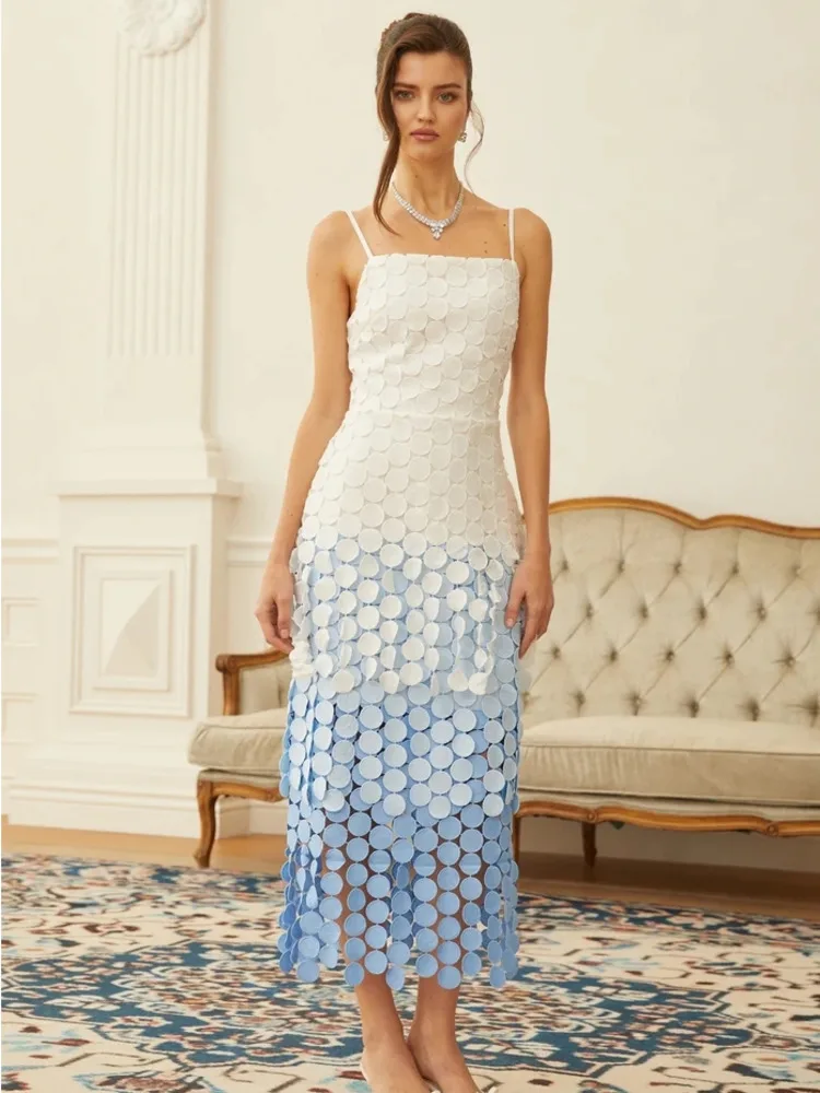 DFDG-vestido Midi elegante para mujer, camisola de imitación con flecos de disco degradado, vestido único con recorte bordado Retro, primavera y verano, 2025