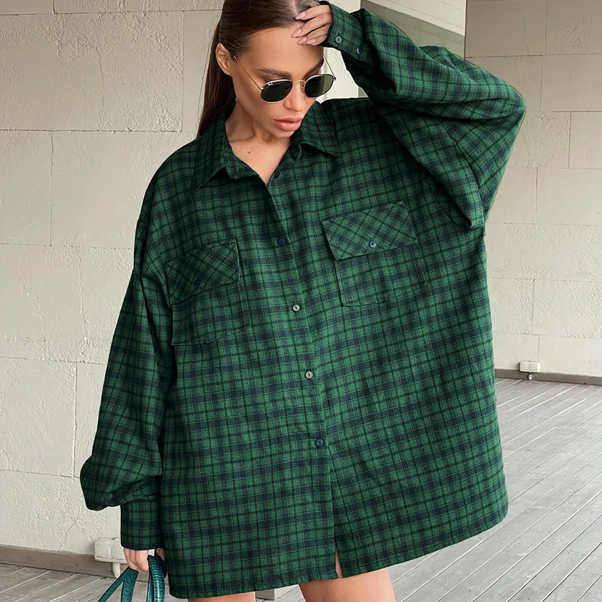 

Green Plaid American Retro Oversize Loose Shirt 2026 European and American New Autumn Fashion Commute
