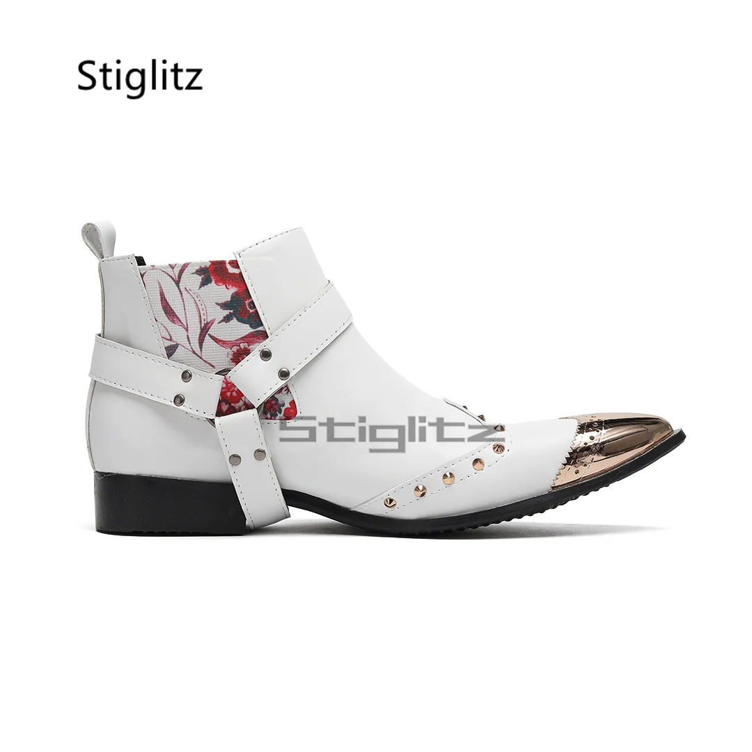 

White Dress Chelsea Boots for Men Metal Pointed Toe Buckle Strap Genuine Leather Male Chunky Heel Ankle Boots Wedding Shoes