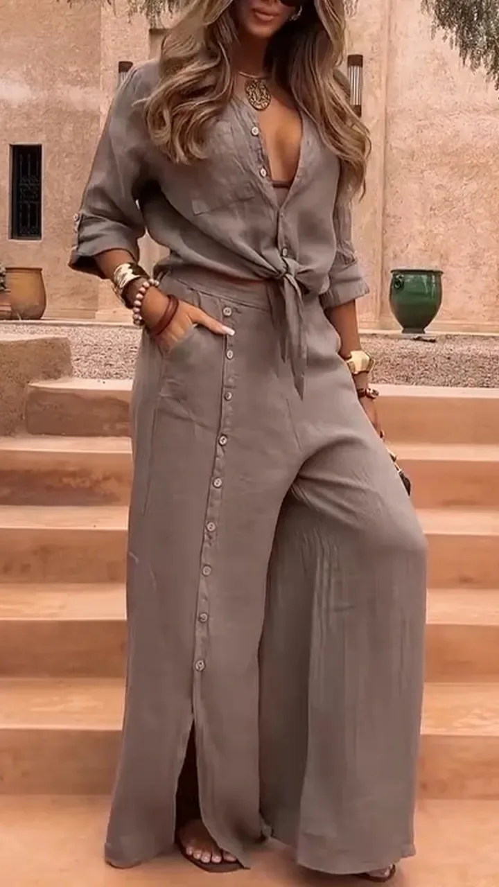 2025 Women's Spring Casual V-neck Irregular Top Wide Leg Button Design Pants Two Piece Set